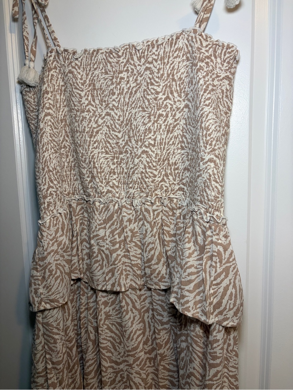 aerie | Beige Tiered Mini Dress with Smocked Top and Tie Straps - Picture 3 of 9